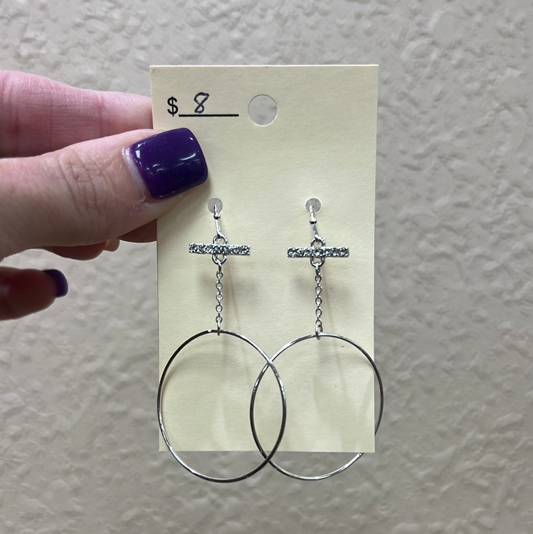 2078- Silver Hoop Earrings w/ Bar Pendant