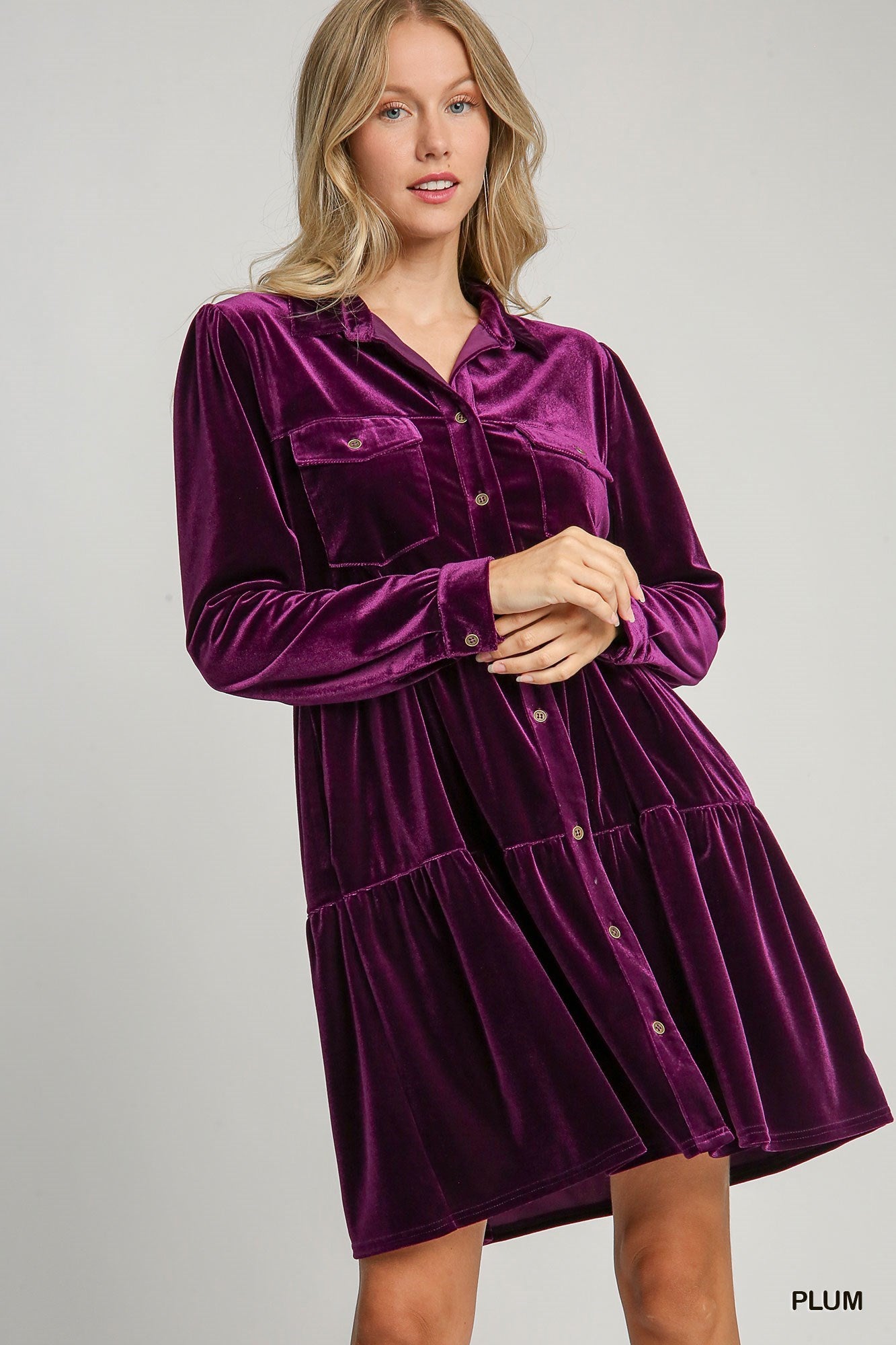 3024- Plum Velvet Tier Long Sleeve Dress