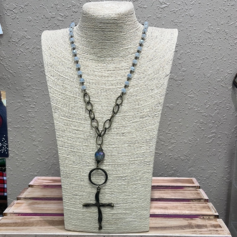 573- Brass Cross Pendant Beaded Necklace