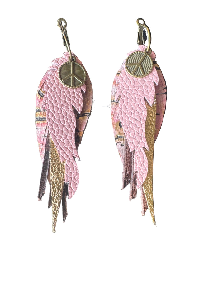 Pink, Gold, Brown peace Sign  Layered Earrings