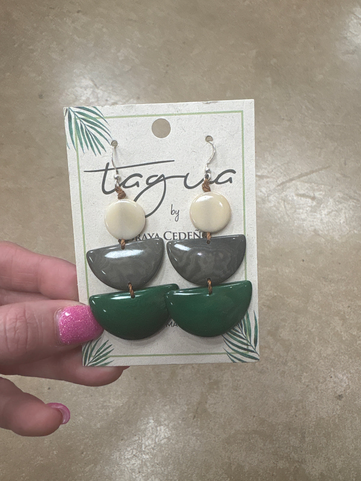 8425- Cream, Charcoal, and Green Stack Tauga Nut Earrings