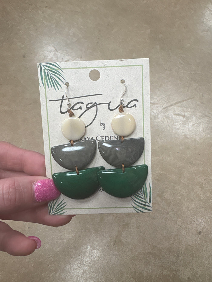 8425- Cream, Charcoal, and Green Stack Tauga Nut Earrings