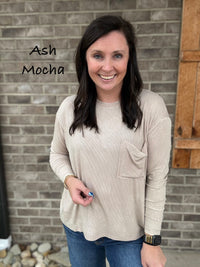 Washed Ribbed Dolman Sleeve Round Neck Top with Pocket by Zenana *MULTIPLE COLORS*