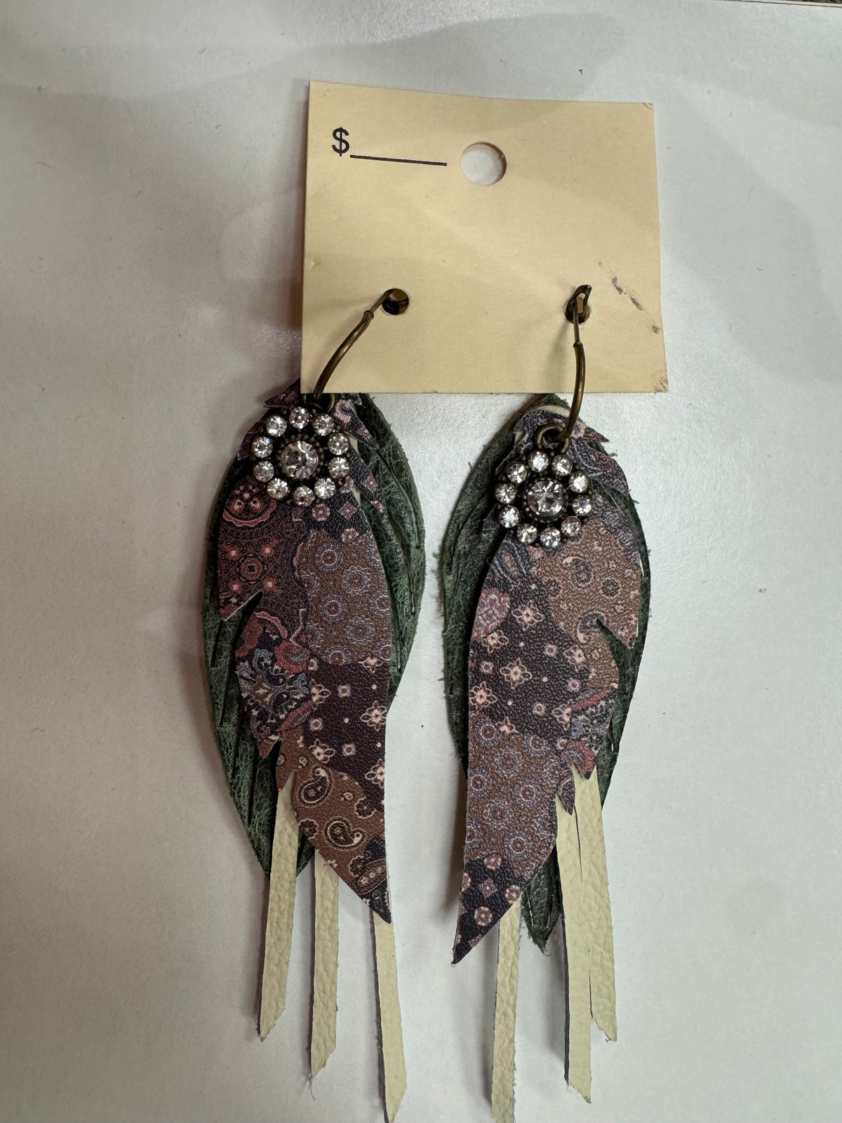 Green, Cream, Paisley Boho Earrings