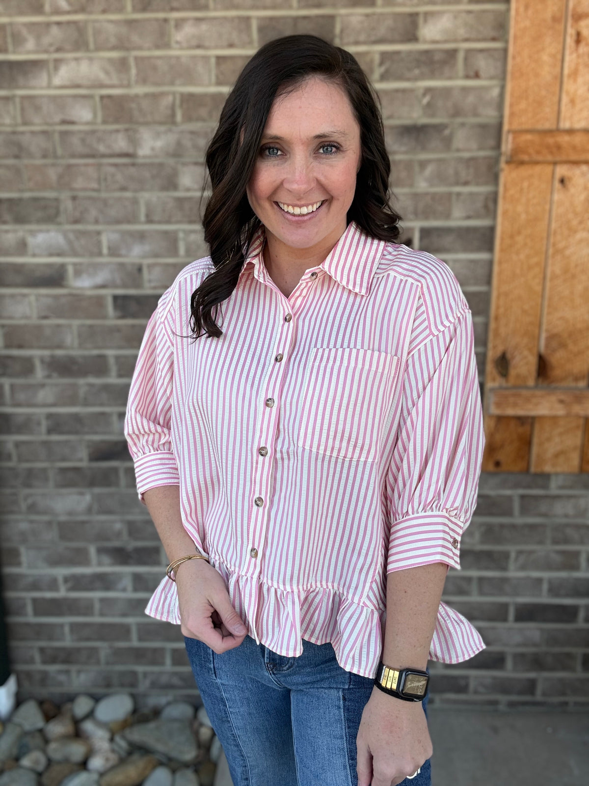 Pink Collared Button Down Babydoll peplum Stripe Top by Haptics