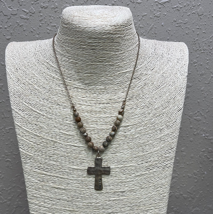 507- Natural Stone Necklace w/ Faith Cross