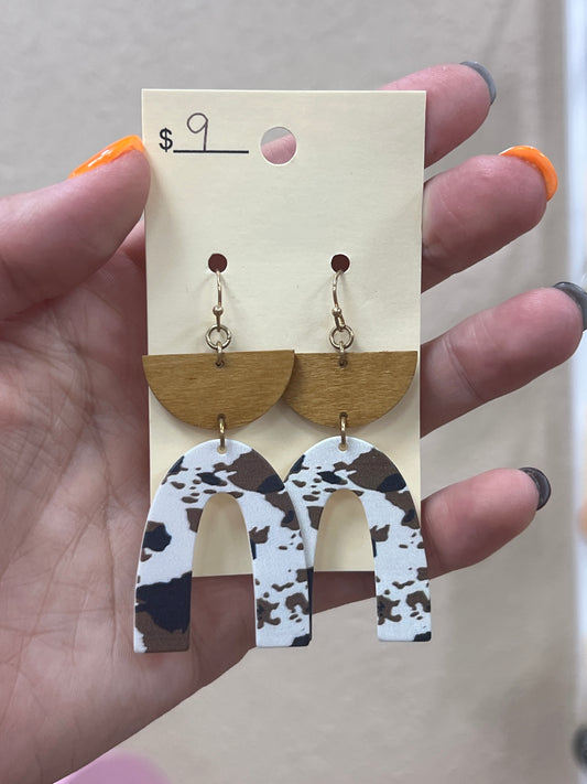 2984- Cow Print w/ Wooden Detail Fish Hook Back Earrings