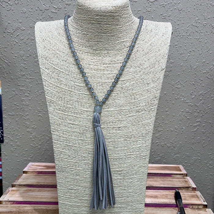 613- Gray Beaded Tassel Necklace