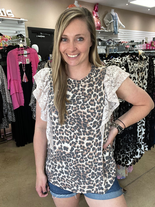 8162- Taupe Leopard Print Top w/ Ruffle Lace Detail