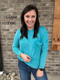 Washed Ribbed Dolman Sleeve Round Neck Top with Pocket by Zenana *MULTIPLE COLORS*