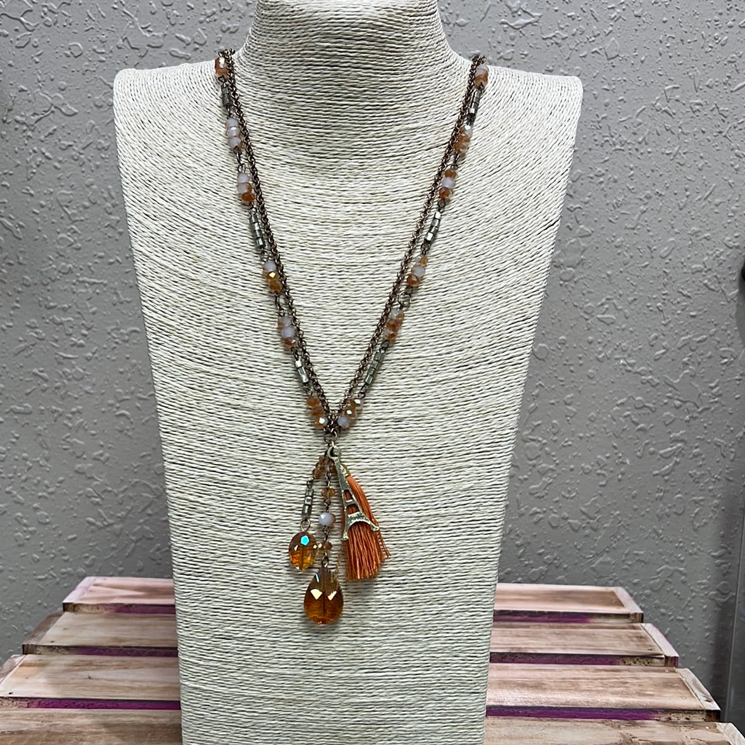 532- Orange Beaded Necklace w/ Multi Detail Pendants