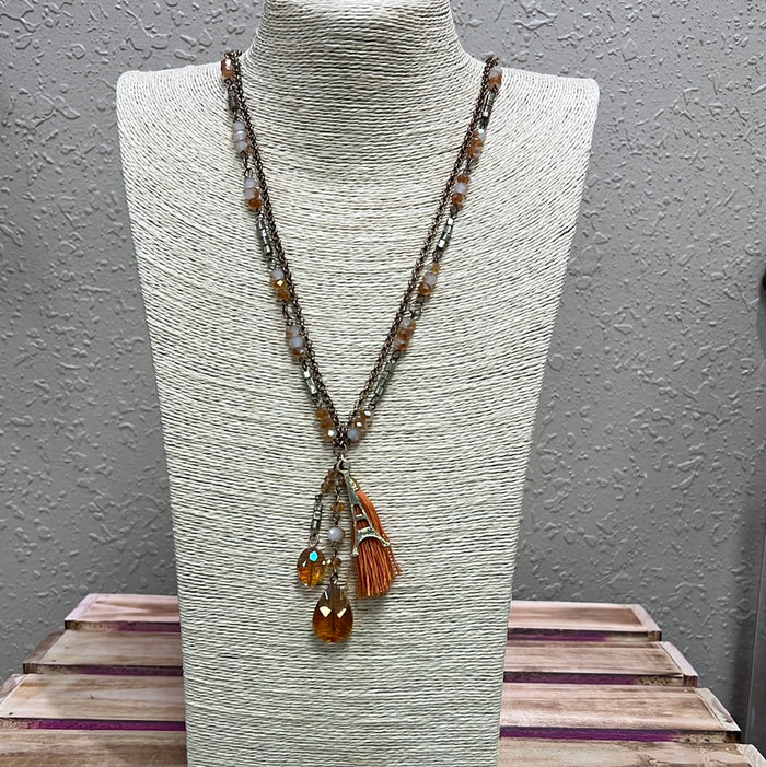 532- Orange Beaded Necklace w/ Multi Detail Pendants