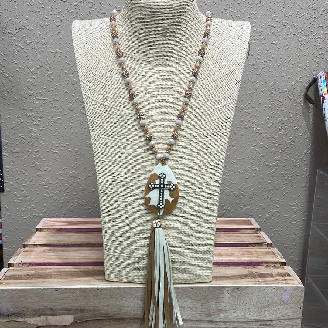 647- Cow Print Hair On Hide w/ Cross & Tassel Necklace