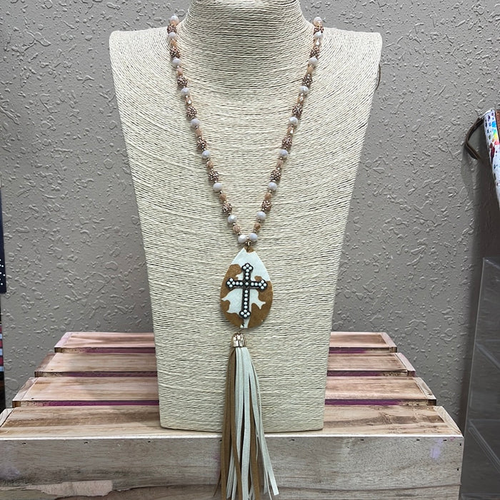 647- Cow Print Hair On Hide w/ Cross & Tassel Necklace