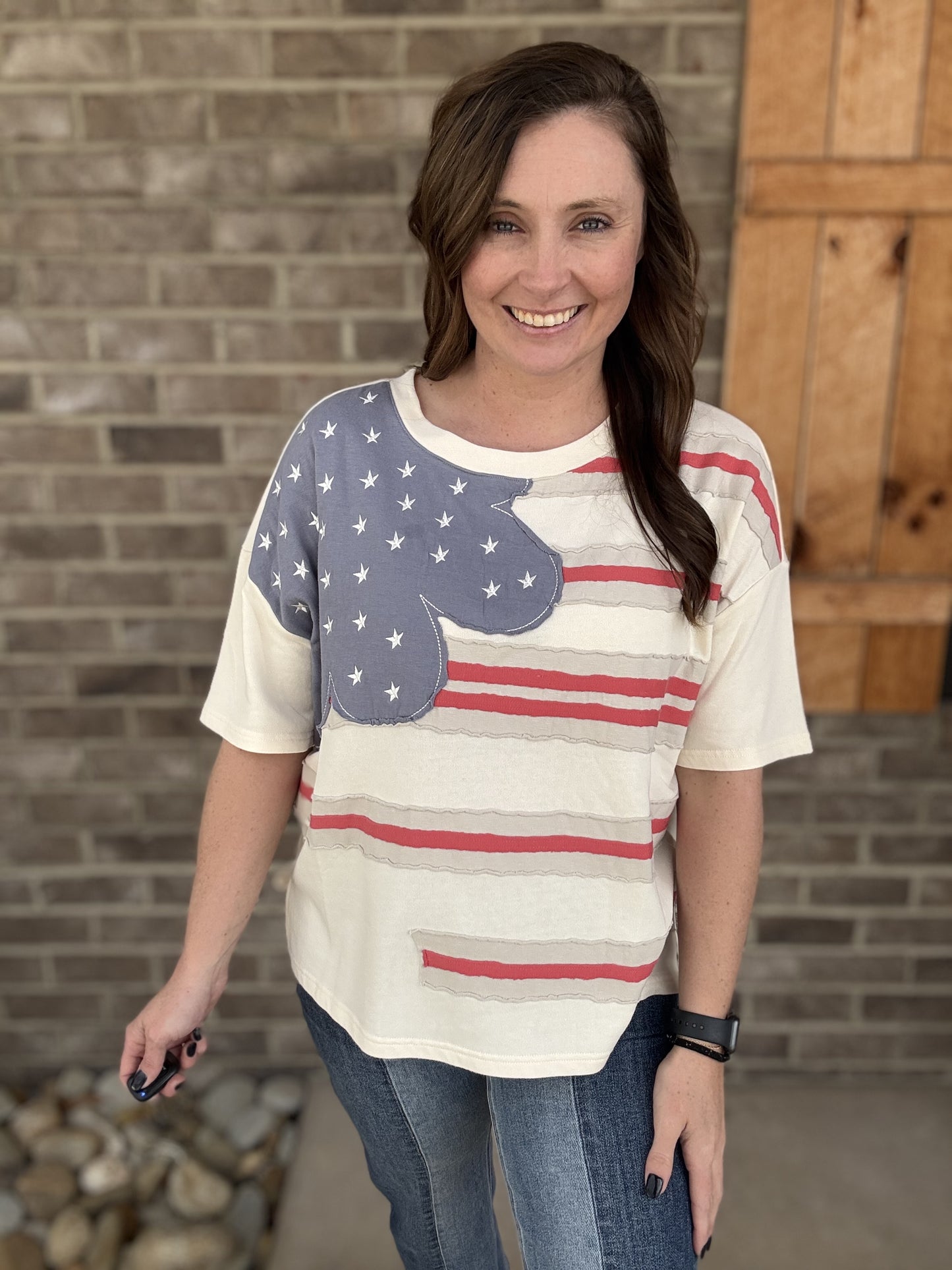 American Flag Patch Soft Washed Terry Knit Top By Easel