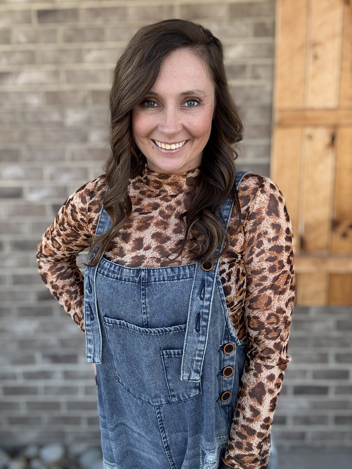 Animal Print Mesh Long Sleeve Top w/ Mock Neck