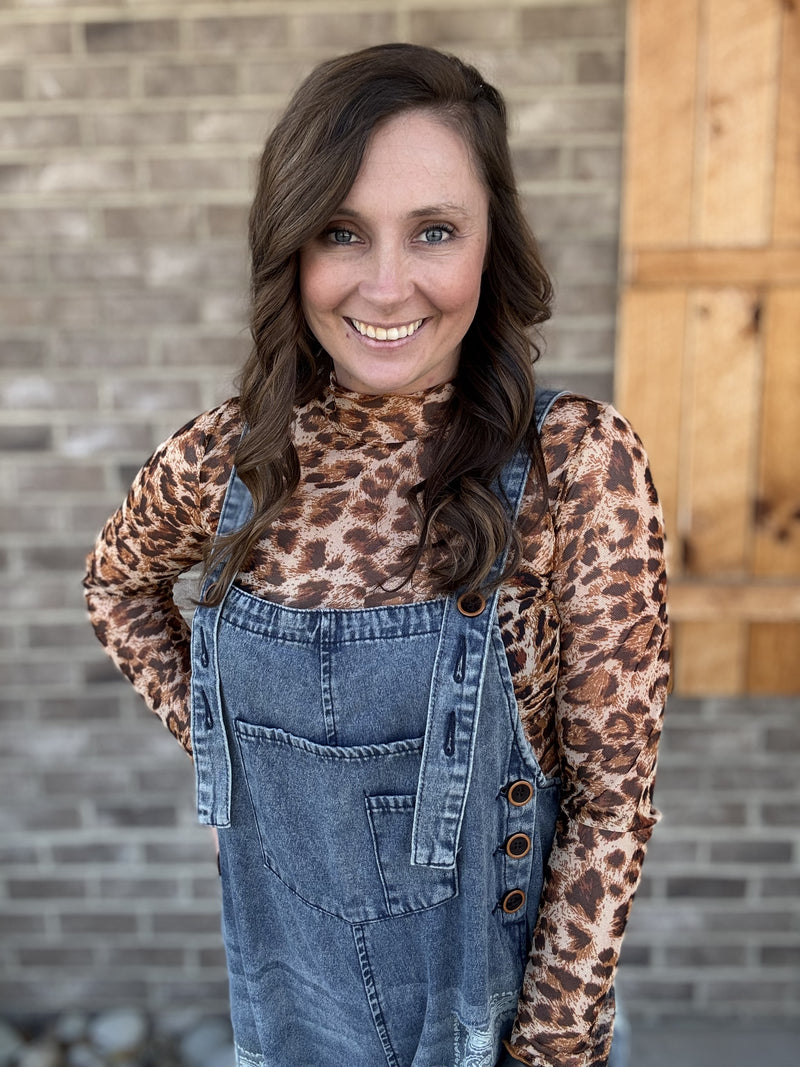 Animal Print Mesh Long Sleeve Top w/ Mock Neck