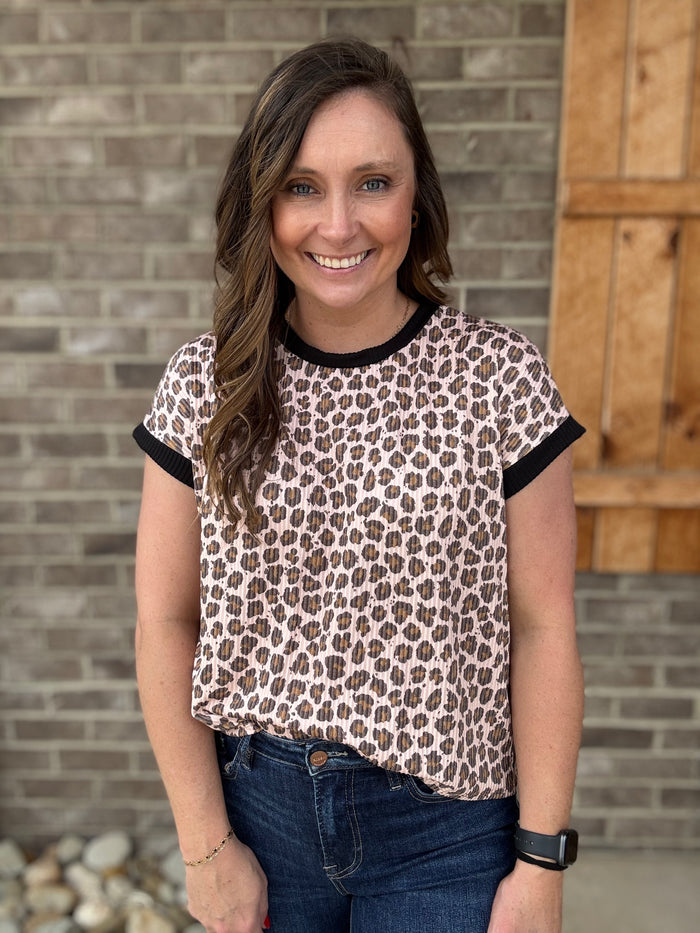 Animal Print w/ Black Trim Short Sleeve Top by Lovely Melody