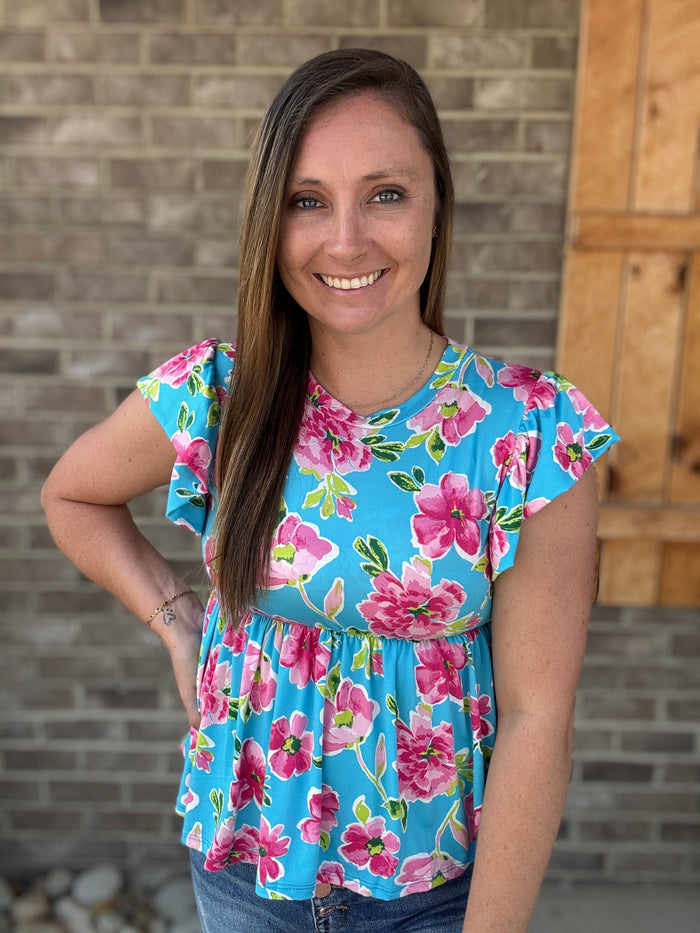 Aqua Round Neck Ruffle Short Sleeve Babydoll Style Floral Print Top