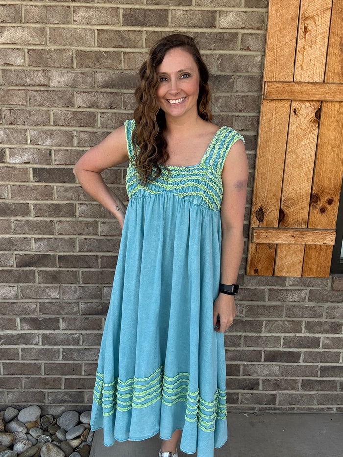 Aqua Washed Frill Strap Mid Calf Dress by Oli & Hali