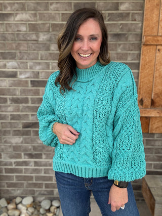 Aqua Teal Twisted Cable Knit Chenille Sweater by POL