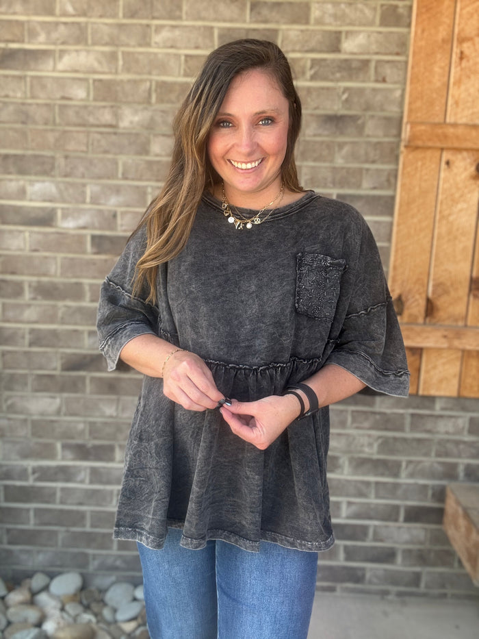Ash Black Mineral Wash Baby Doll Top w/ Eyelet Pocket by J. Her