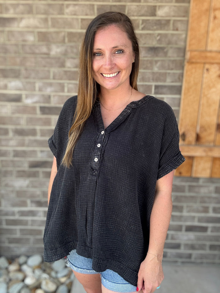Ash Black Washed Gauze 3/4 Henley Button Down Short Sleeve Top