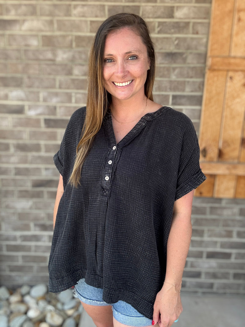 Ash Black Washed Gauze 3/4 Henley Button Down Short Sleeve Top