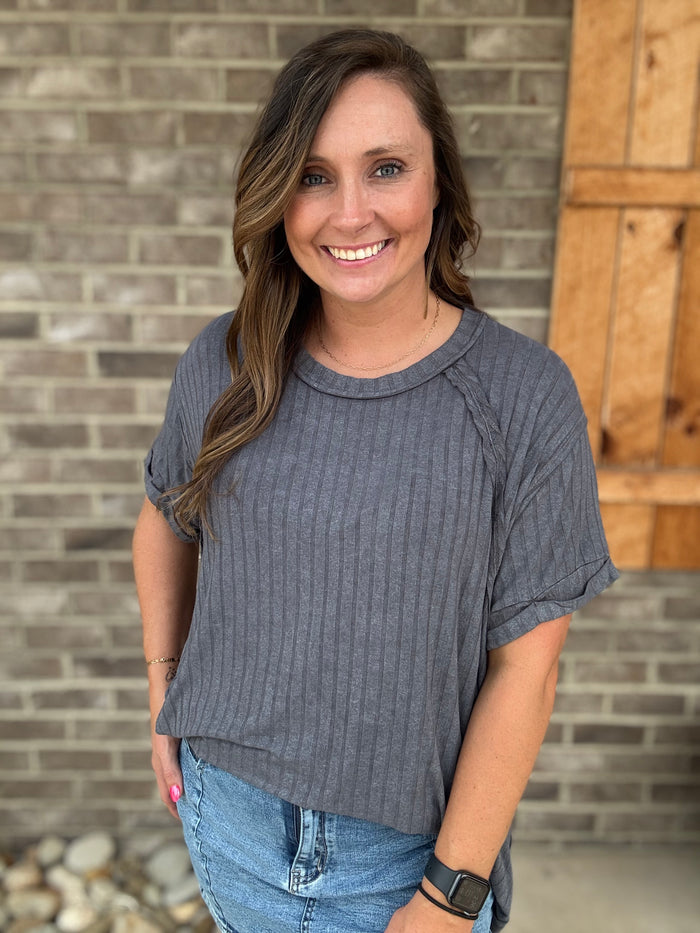 Ash Grey Ribbed Boat Neck Short Sleeve Top by Zenana