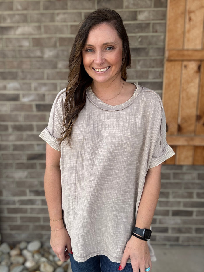 Ash Mocha Acid Washed Gauze Round Neck Cuff Short Sleeve Top