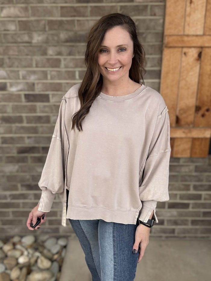 3371- Ash Mocha French Acid Wash Terry Oversized Top w/ Exposed Seam Detail