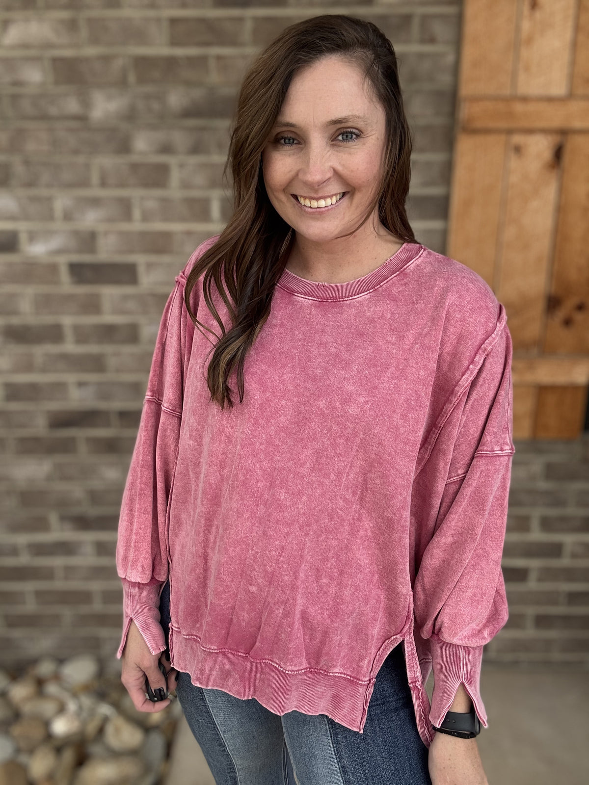 3372- Ash Pink French Acid Wash Terry Oversized Top w/ Exposed Seam Detail