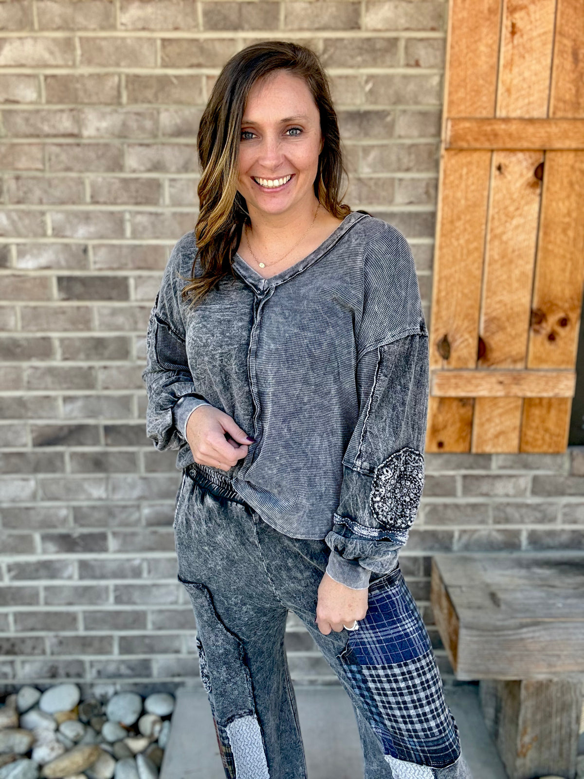 Ash Black Washed Waffle Patch Flower Long Sleeve Top by J. Her