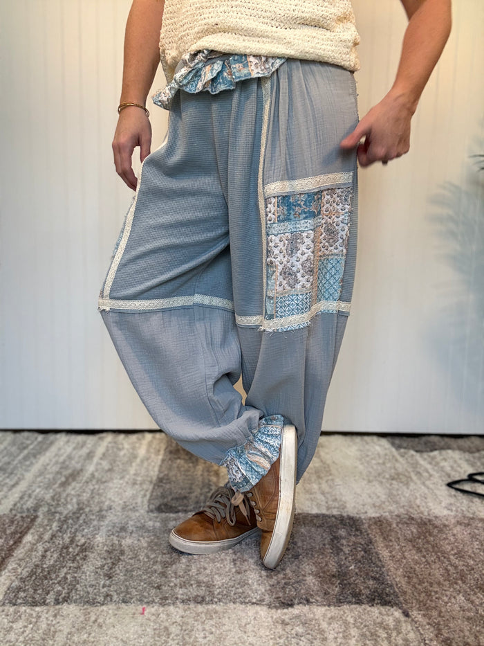 Ash Blue Vintage Ruffle Patchwork Thermal Boho Pants by POL
