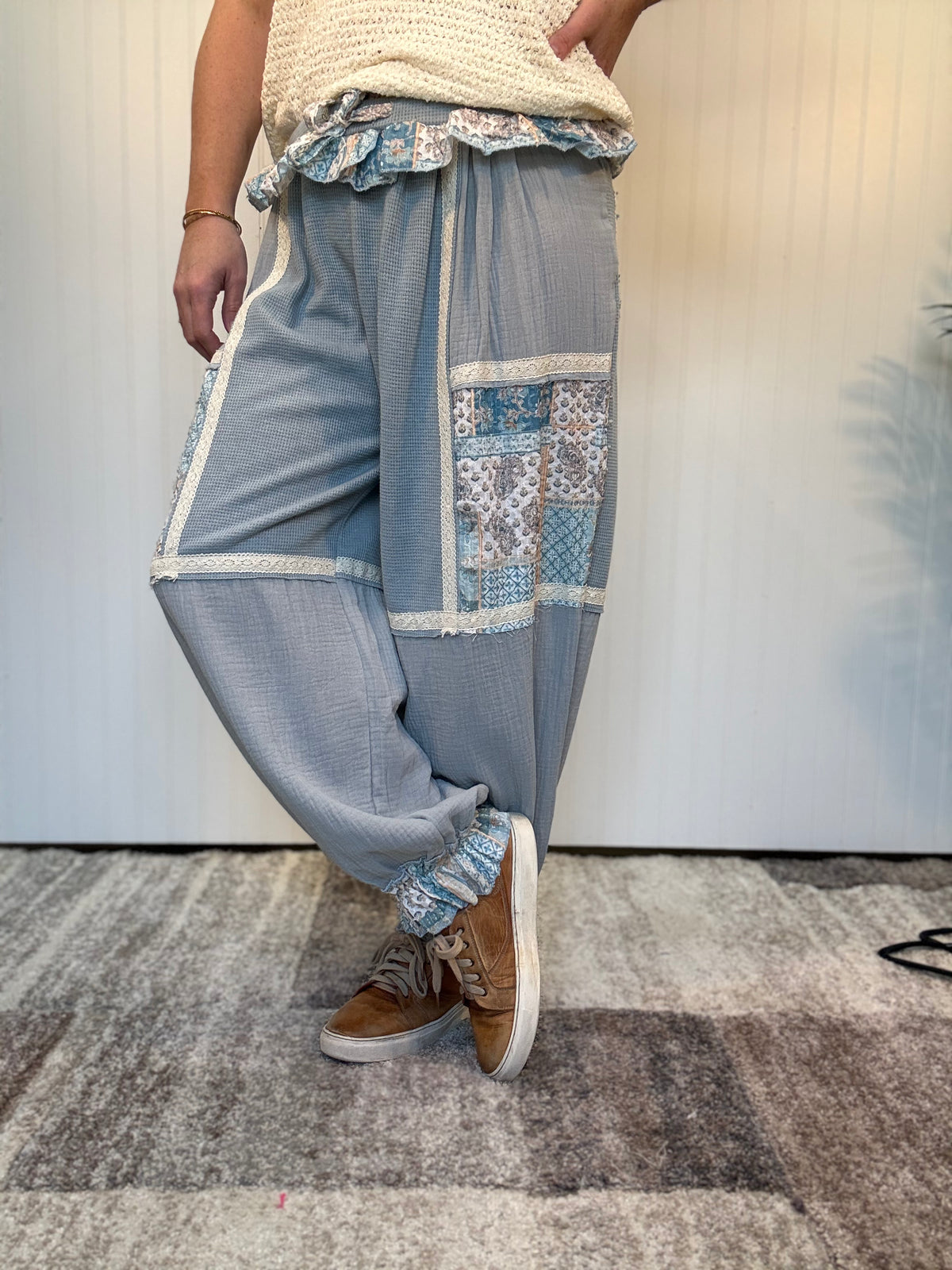 Ash Blue Vintage Ruffle Patchwork Thermal Boho Pants by POL