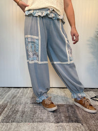 Ash Blue Vintage Ruffle Patchwork Thermal Boho Pants by POL
