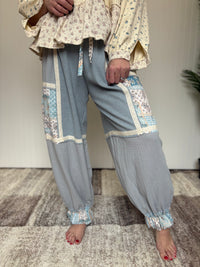 Ash Blue Vintage Ruffle Patchwork Thermal Boho Pants by POL