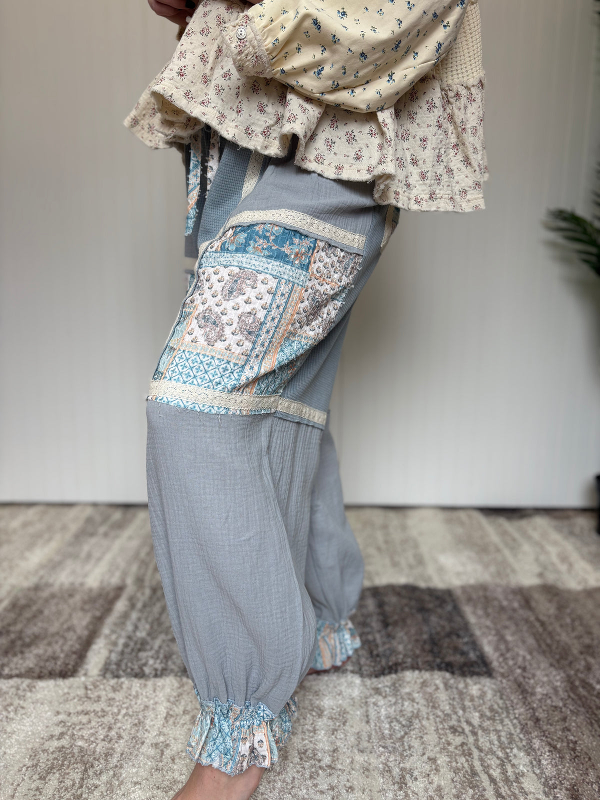 Ash Blue Vintage Ruffle Patchwork Thermal Boho Pants by POL