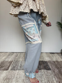 Ash Blue Vintage Ruffle Patchwork Thermal Boho Pants by POL