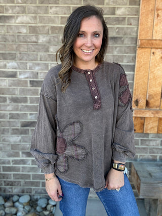 Ash Oak Mineral Washed Flannel Daisy Henley Long Sleeve Top by J. Her