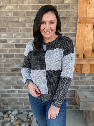 Ashed Black Mineral Wash Boho Color Block Sweater Long Sleeve Top by J. Her