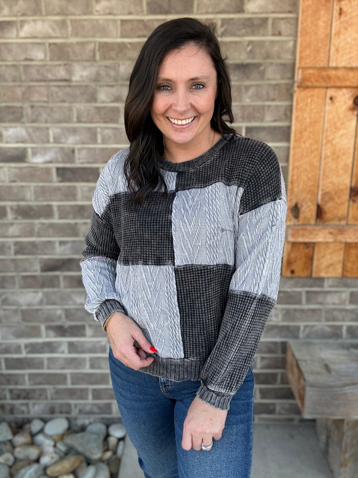 Ashed Black Mineral Wash Boho Color Block Sweater Long Sleeve Top by J. Her