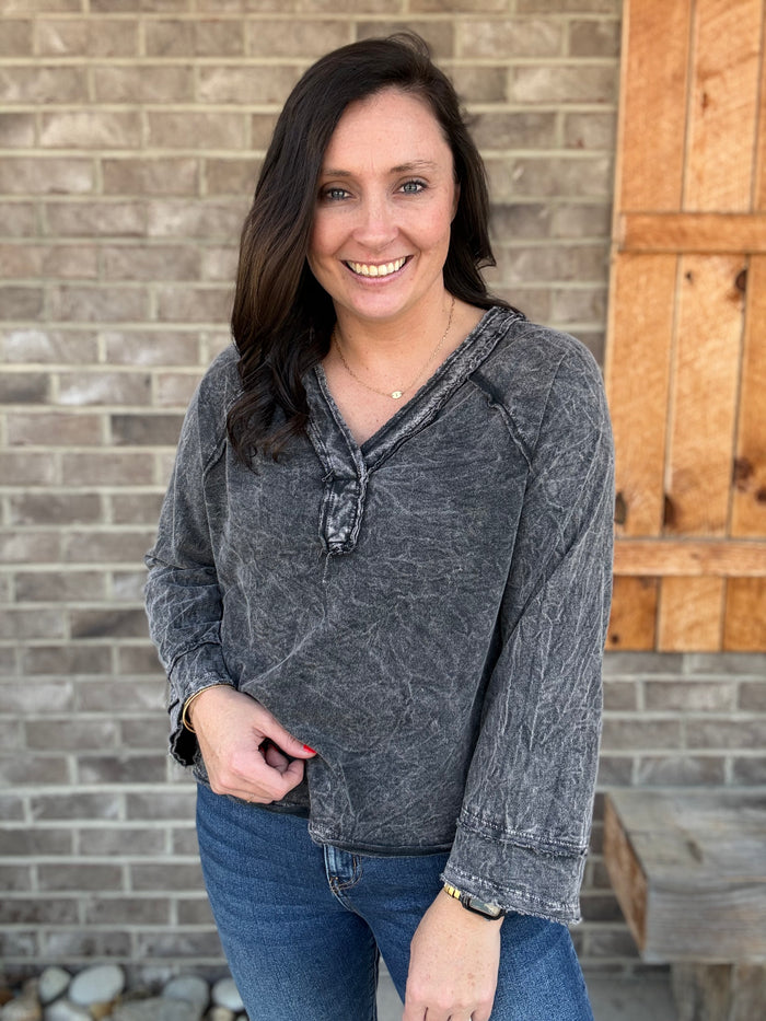 Ashed Black Mineral Washed Everyday Cotton V-Neck Raglan Long Sleeve Top by J. Her
