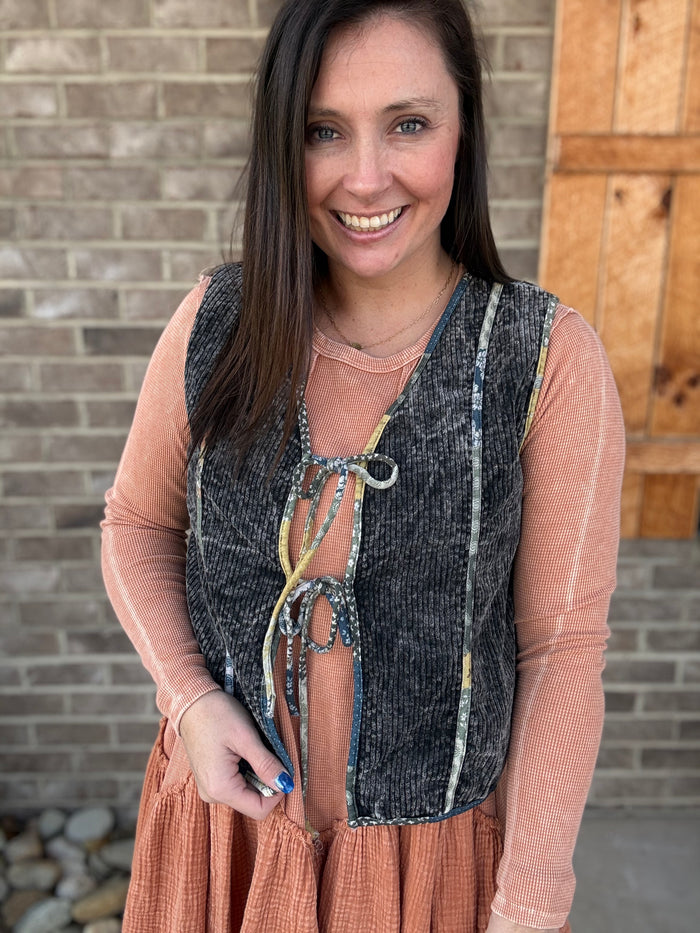 Ashed Black Mineral Washed Patchwork Gypsy Vest by J. Her