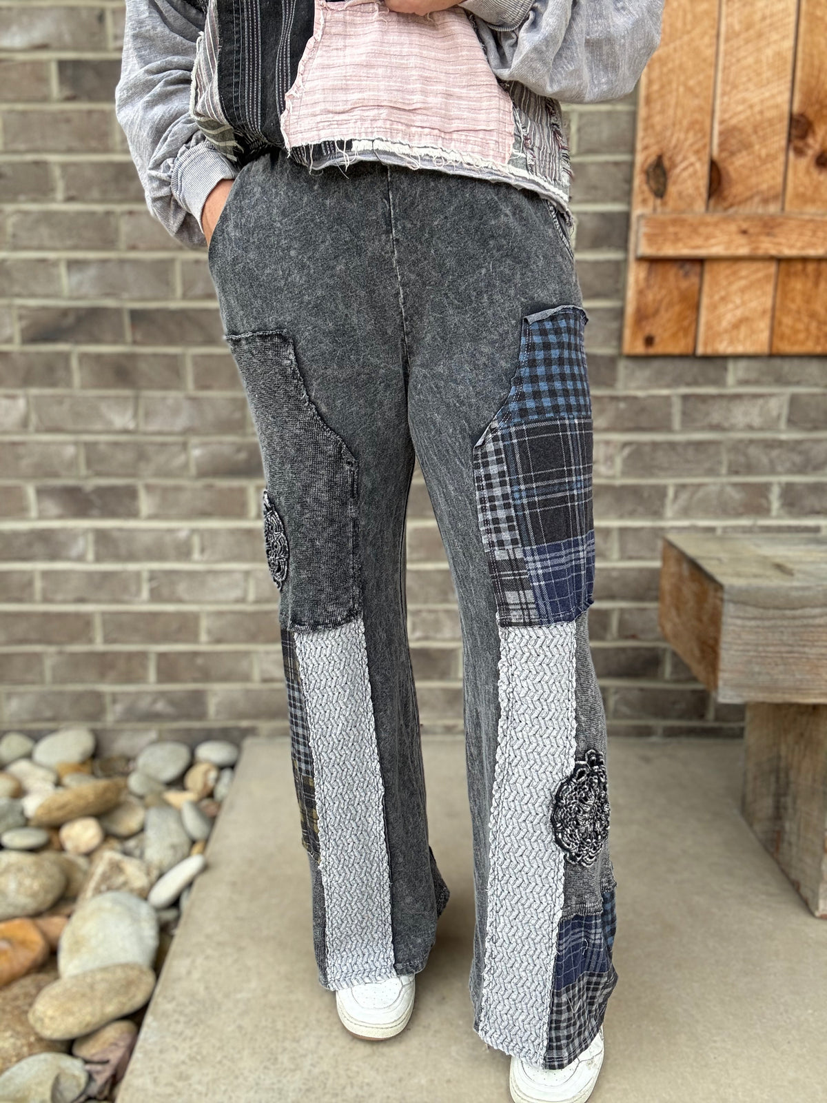 Ashed Black Mineral Washed Plaid Patched Doily Pants by J. Her