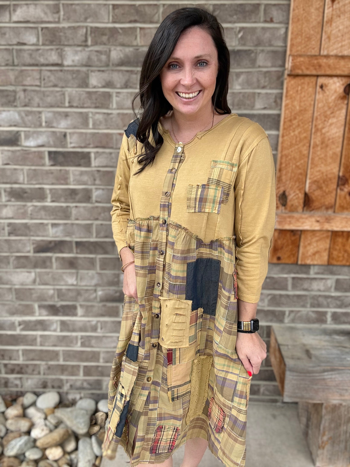 Asis Long Length Plaid and Solid Mix Jacket w/ Gathers by Paper Lace