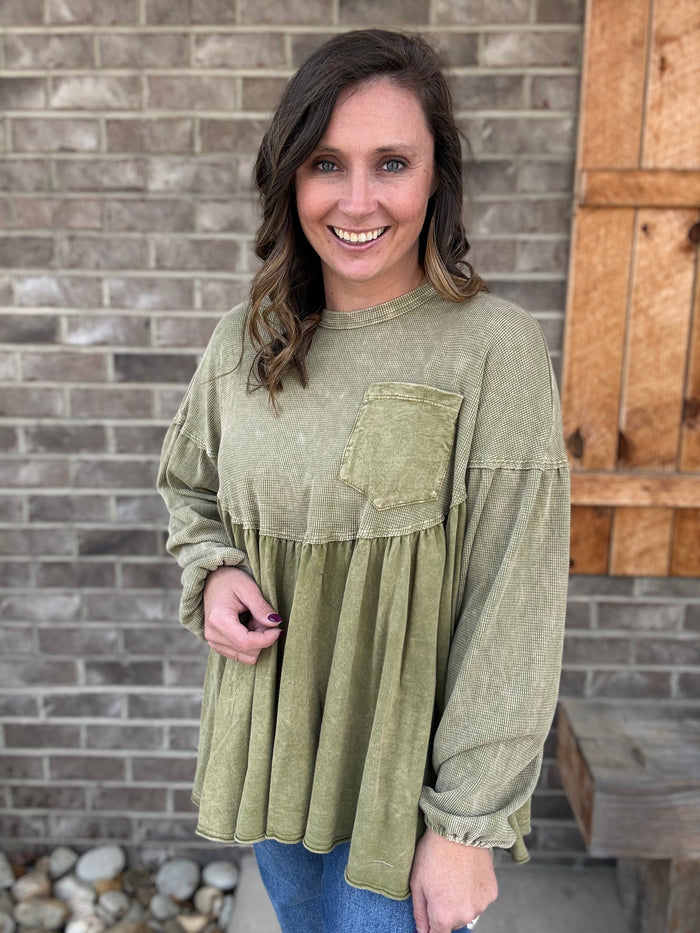 Avocado Mineral Washed Babydoll Top with Pocket Detail by J. Her