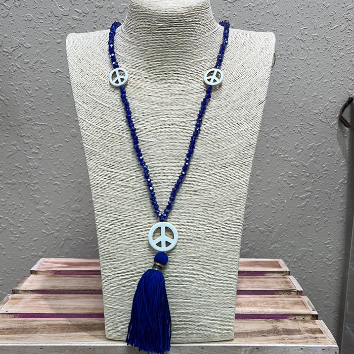 628- Blue Beaded Tassel Necklace w/ Peace Sign