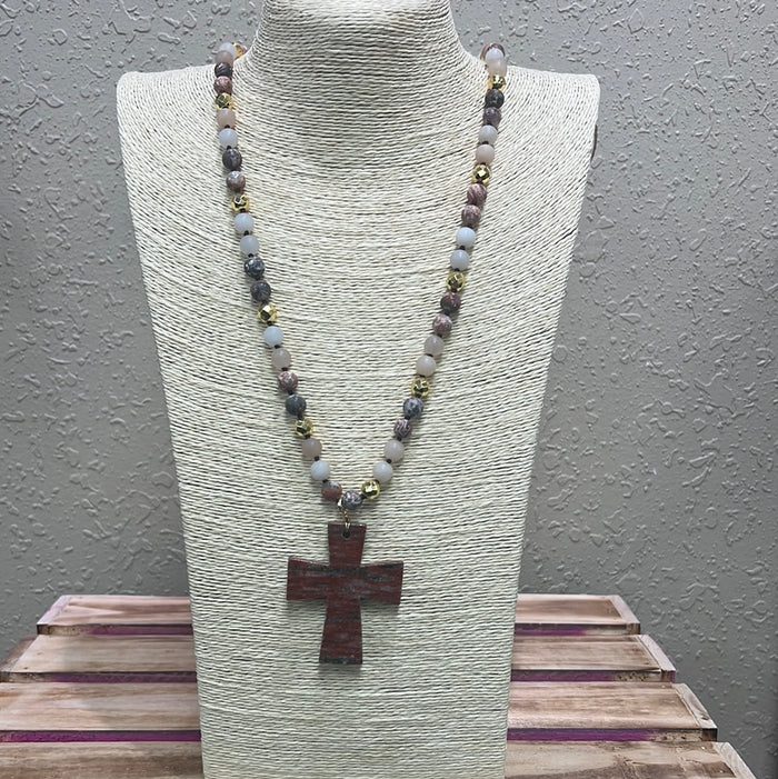 651- Mauve Mix Cross Stone Necklace