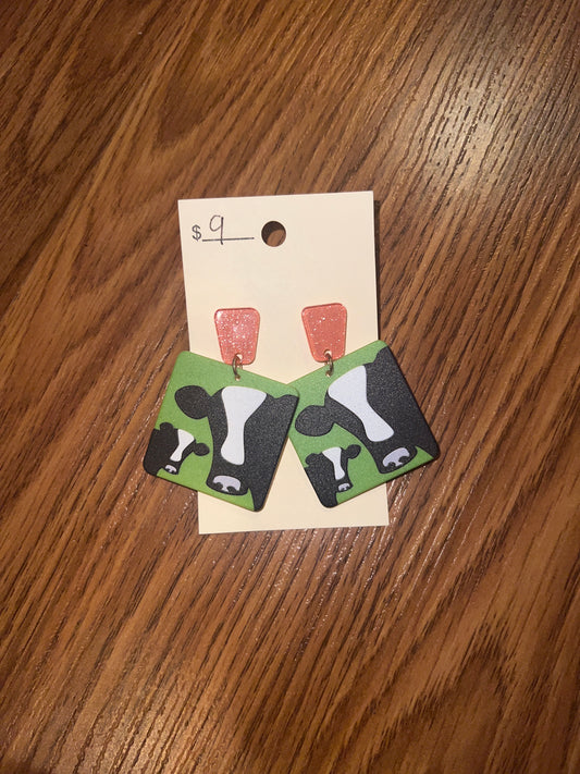 3174- Green Cow Acrylic Earrings